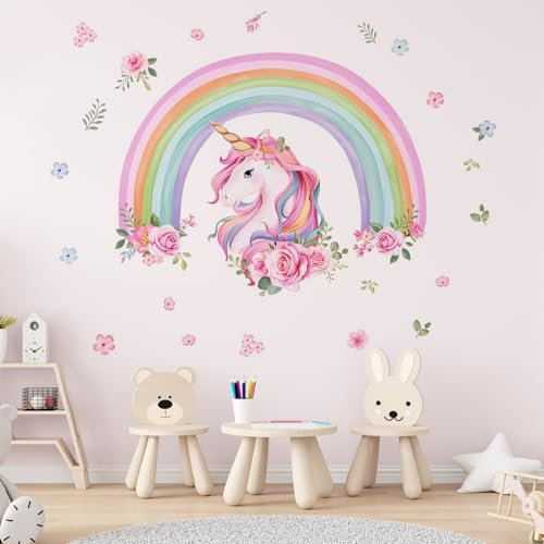 Aolso Pegatinas de Pared Infantiles Arcoiris Unicornio, Vinilos Decorativos Nubes Adhesivos Pared Bebé Guardería Niños Dormitorio, Pegatinas de Pared, Papel Pintado Infantil Unicornio