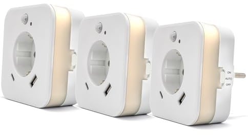 smrter LED-Nachtlicht mit Bewegungsmelder und Steckdose, 2x USB (1x USB C + 1x USB A) 2.4A, weiß, Ein/Aus/Auto Modus-Schalter, automatischer Lichtsensor, GS (geprüfte Sicherheit) (3 Stück [mit USB-C])