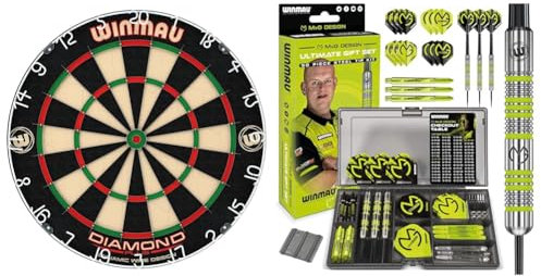 Winmau Diamond Plus Dartscheibe & MvG Dart Steeltip Geschenkset - 50-teiliges Dartset mit 4 Sätzen Dartschäften, 4 Sätzen Flüge und Zubehör