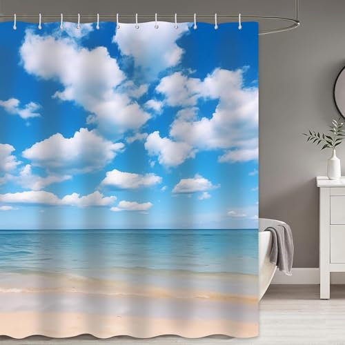 Duschvorhang 120x200 cm Meerblick Shower Curtains 3D Blauer Himmel Und Weiße Wolken Duschvorhänge Anti Schimmel Textil Bad Vorhang aus Waschbar Polyester Stoff für Badewanne A-2698