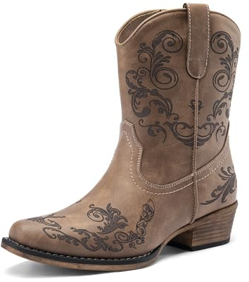 DREAM PAIRS Stivaletti da donna Cowboy Cowgirl western bassi tacchi grossi punta quadrata autunno stivaletti corti scarpe, Marrone, 36 EU