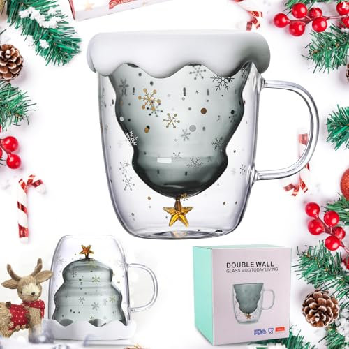 XiXiRan Weihnachten Becher, Weihnachtstassen, Kaffee Teegläser, Kaffeeglas Doppelwandig mit Griff, Christmas Mugs, Süße Tassen, Kaffeebecher Set, Doppelwandige Isolierglas Espressotasse (Weiß)