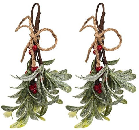 2 Stück Weihnachts Mistelzweig Dekoration, Künstliche Mistelzweige mit Roten Beeren, 23cm,Romantischer Kuss unter dem Mistel