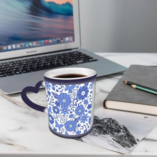 AELKSP Ceramic,Dutch Delft style flowers in Doodle Style abstract petals butterfly leav,Coffee Mug Color Changing Mug Hot Heat Changing Mug Hot Heat Sensitive Mug Coffee Mug Tea Mug Drink Cup Milk Mug
