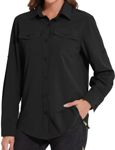 Tuopuda Chemisier Femme Manches Longues Chic Élégant Blouses UPF 50+ Protection Solaire T-Shirt Chemise Col en V avec Boutons Respirant Tunique Haut Décontracté Tops Randonnée Safari, Noir, XL