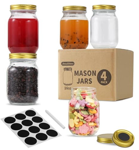 Glass Regular Mouth Mason Jars, 16 oz Clear Glass Jars with Silver Metal Lids for Sealing, Canning Jars for Food Storage, Overnight Oats, Dry Food, Snacks, Candies, DIY, Meal Prep (Golden, 4PACK)