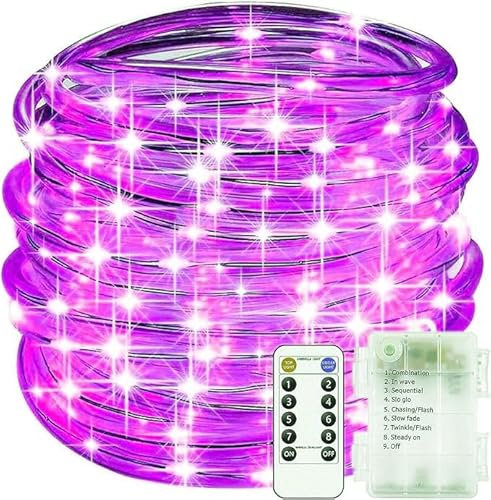 Luci della corda a LED, luci della stringa del tubo a batteria 5m 50LED 8 modalità, decorazione impermeabile delle luci delle fate a LED per il Natale del giardino del matrimonio (Viola)