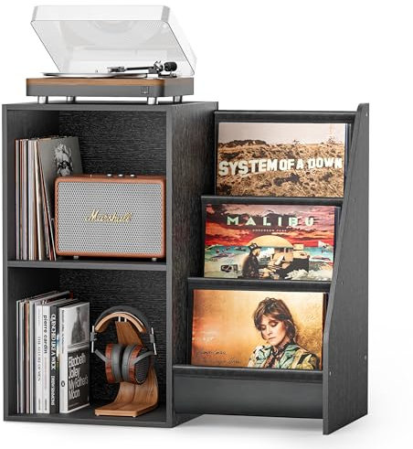Bikoney Plattenspieler Regal mit Vinyl Aufbewahrung – Turntable Tisch mit Display Regal, Platz für 220 Schallplatten – Media Konsole für Stereo Audioanlagen (Retro-Schwarz)
