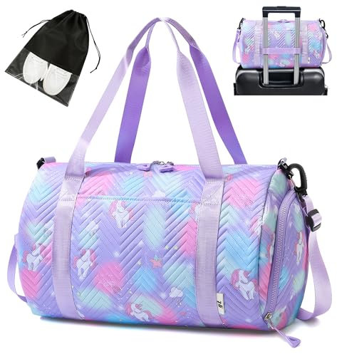 Tokeya Sac de Sport Fille Licorne Sacs Voyage Enfant Imperméable Sac Piscine avec Compartiment à Chaussures et Poche Humide, Etanche Sacs à Main Femme pour Travel Gym Natation Weekend, Violet