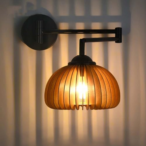 AoLa Wooden wall light Adjustable swivel arm wall sconce E27 Indoor 2 Long Arm Vintage Industrial Wall Reading Lamps with wooden plywood lampshade bedside lamp for bedroom living room