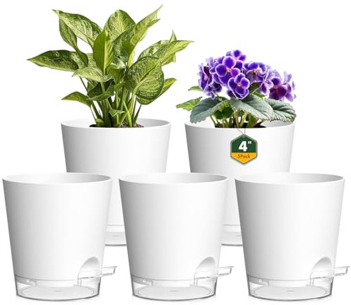 Homeuouz 10cm Self Watering Plant Pots With clear reservoir, 5 Pack Plastic Self Watering Planter with Drainage Holes & Saucer, Ideal for All Indoor Outdoor House Flowers and Plants, White
