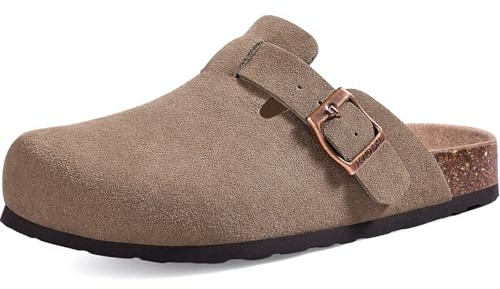 KIDMI Unisex Vegan Suede Clogs Leather Mules Womens Mens Cork Footbed Potato Shoes with Arch Support, Vegan Suede Mocha, Size 44