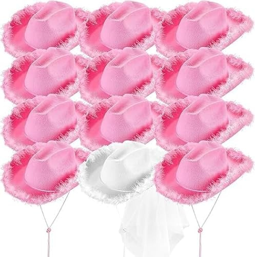 MALLOOM 12 Chapeau de cowgirl rose - Chapeau de cowboy rose pour femmes et adolescentes, chapeau de cowgirl amusant, cowgirl (Fil rose, blanc et argenté)