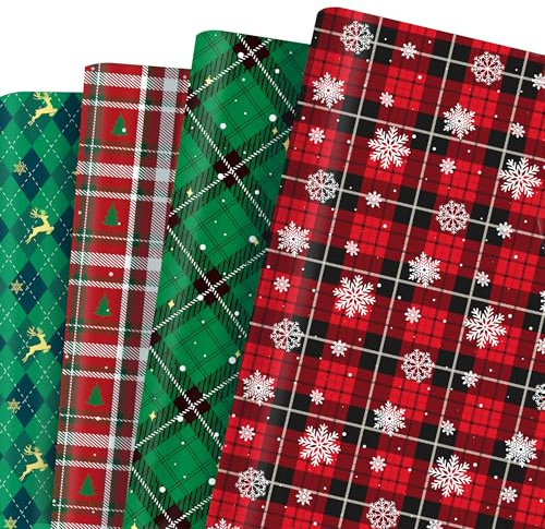 12x Geschenkpapier Weihnachten Weihnachtspapier Schottenkaro Rot und Grün,Doppelseitig Bedrucktes 4 Arten Weihnachtspapier Geschenkpapier Blatt Wrapping Paper Christmas,50 x 68 cm