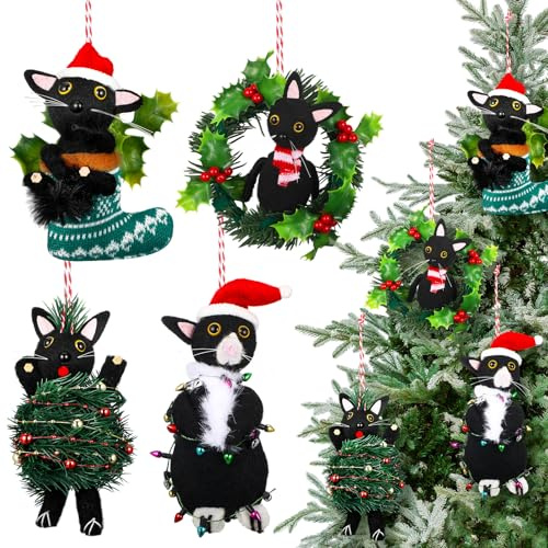 HunnmingRe 4 Pcs Christmas Tree Felt Cat Hanging Ornament 4 Xmas Tree Ornaments Holiday for Cat Lovers