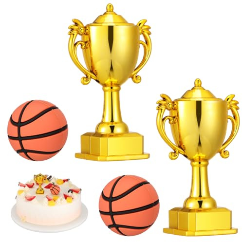 Kisangel 2 Sets Basketball Cake Toppers Mini Trophy Cupcake Topper 3D Cake Decorations for Sports Birthday Party Supplies
