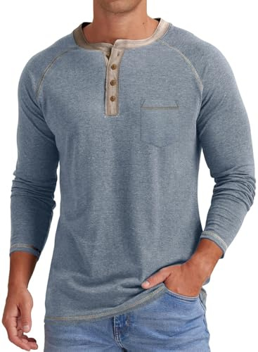 JMIERR Mens Henley T Shirt Long Sleeve Tops Casual Pullover V Neck Tee Shirt Button up Tops with Pocket,Blue,Large