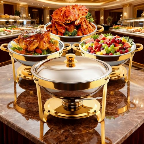 MewVeer Warmhaltebehälter Essen, 4PCS Chafing Dish Buffet mit Deckelhalter, 4.8L Wärmebehälter für Speisen, Runder Buffetwärmer für Feiern, Hochzeiten, Catering Buffet