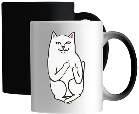 Mug magique en céramique avec doigt d'honneur - Motif chat humoristique - Blanc