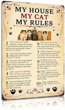 Humorous Metal Sign - My House My Cat My Rules Aluminum Plaque for Cat Lovers 8x12 In (2577)