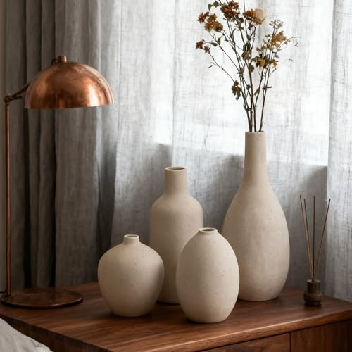 VASETOPIA Beige Vasen Keramik 4 Stück, Kleine Blumenvasen Set für Dekor, Minimalistisch Vase Home Decor für Pampas Grass, Wohnzimmer, Esszimmer (09 Beige)