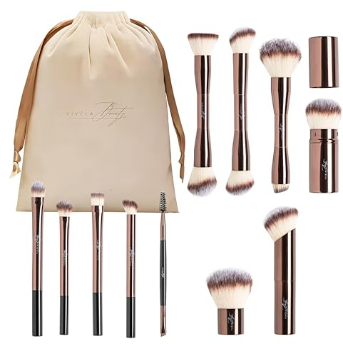 VIVELA 13 Brochas de Maquillaje Profesional + Bolsa de Viaje de Terciopelo, Pinceles Sintéticos Premium para Maquillaje en Polvo Coloretes Base, Pinceles de Maquillaje Ideal en Regalos Navidad Cumples