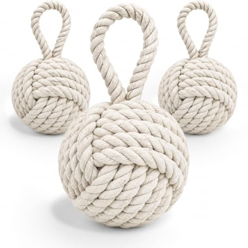 3er Set Rope Knoten Türstopper, 1,5 kg Schwerer Nautische Türstopper | Dekorative Jute Rundes Bodenstopper mit Griff für Räume Boden Türen Fenster Schlafzimmer Buchstütze, Beige,14 x14 cm