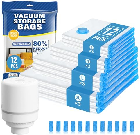 Bizcasa Bolsa Vacio Ropa Con Bomba Eléctrica,Juego de12 Bolsas (3*XL+3*L+3*M+3*S),Resistente y Reutilizable,Engrosado Compresión Bolsas para Guardar Ropa,Edredones,Almohadas,Mantas,Viajes