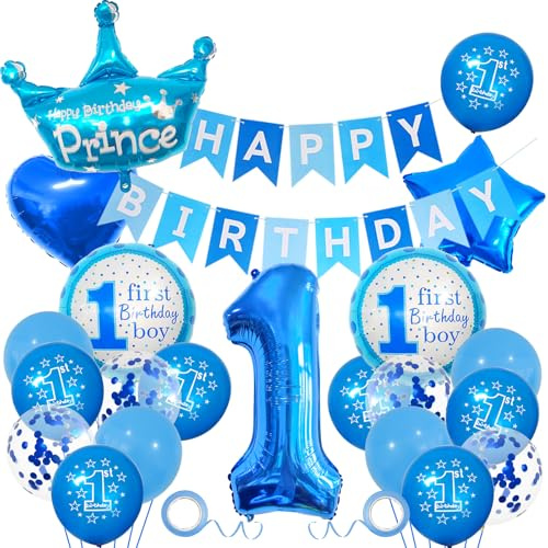 Deko 1. Geburtstag Partydeko für Jungen – Blaue Happy Birthday Banner mit großer Folien- Zahl 1 und Kronen-Folienballons, Stern- und Herzballons – Partyzubehör für den 1. Geburtstag