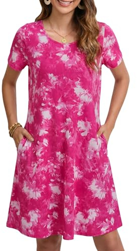 Enmain Damen Sommer Kleider Kurzarm T-Shirt Strandkleid mit Taschen Lässiges Kleid in Knielänge