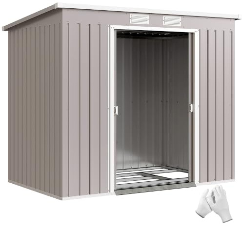 Outsunny Metall Gerätehaus 2,42 m² Doppelschiebetür 213x130x172 cm Hellgrau | Abschließbar, Belüftung, Bodenrahmen, Geräteschuppen mit Pultdach, Wetterfestes Outdoor Gartenhaus, für Garten Hinterhof