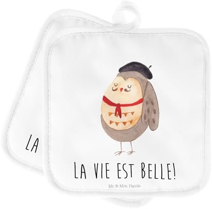 Mr. & Mrs. Panda Topflappen Eule Frankreich - Geschenk, Topfhandschuh, hibou, Topfhandschuhe, béret, Ofenhandschuhe, Topfuntersetzer, Topflappen mit
