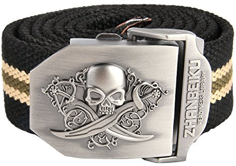 FALETO Herren Militär Gürtel Stoffgürtel mit Schädel Totenkopf Schnalle Leinwand Canvas Jeansgürtel Belts 140cm + Original Geschenkbox (Schwarz Streifen)
