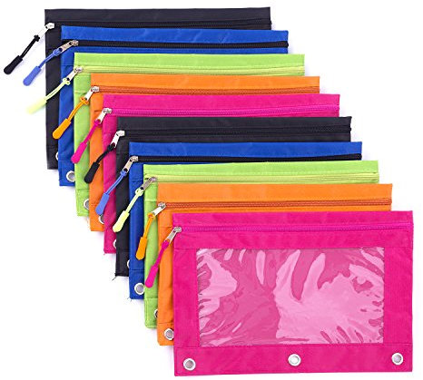 Federmäppchen mit Reißverschluss, Federmäppchen mit Nietenverstärkung, 3 Ringe, 10 Stück, 5 Farben