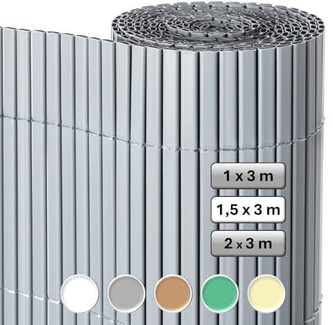 Cañizo PVC de Doble Cara Gris 3x1,5 Metros | Resistente 1.200 gr/m2, Decorativo y Fácil Instalación | Alta Privacidad y Ocultación para Valla, Jardín, Balcón o Terraza