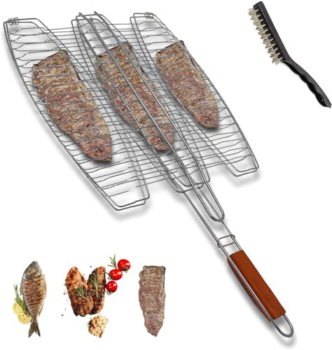 VR7 BBQ Grill Basket Portable Folding Stainless Steel Fish Grill Basket Ideal for Outdoor Barbeque Grilling Fish Vegetables Meat and Shrim Comes with a Cleaning Brush