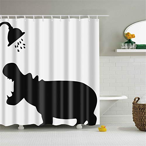 FANSU Duschvorhang Anti-Schimmel, 3D Drucken 100% Polyester Bad Vorhang Wasserdicht Anti-Bakteriell mit C-Form Kunststoff Haken mit 12 Ringe für Badzimmer (Nilpferd,180x200cm)