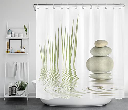 LB Rideaux de Douche Spa Zen 180x180cm Pierre Blanche et Plante Verte Rideaux de Bain avec Crochets,Imperméable Polyester Anti Moule Salle de Bain Décor