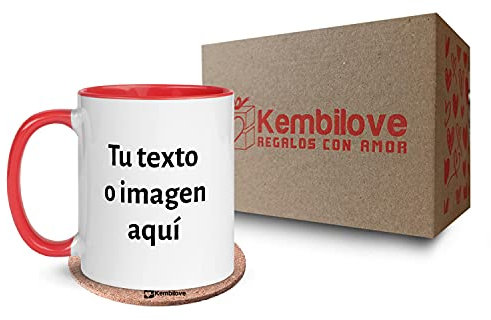 Kembilove Tazas desayuno Personalizadas con Foto – Regalos originales para hombre – Tazas originales para regalar – Taza personalizada Interior color Rojo