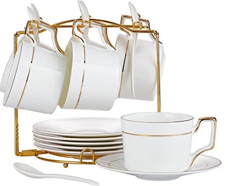 CHILDIKE Porcelain Cappuccino Cups Set With Saucers and Metal Stand, 200ml Demitasse Espresso Cups, Coffee Cups for Tea, Latte, Cafe Mocha, Set of 6, Gold Trim White