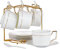 CHILDIKE Porzellan-Cappuccino-Tasse mit Untertassen und Metallständer, Kaffeetassen 6er-Set, Espressotasse mit Goldrand, Löffel, für Latte, Americano, Tee, 200 ml, Demitasse-Tassen, Weiß