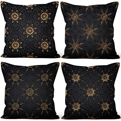 Aoihrraan 41x41cm 4er Set Dekorativ Schwarz Gold Kissenbezug Golden Mandalas Blume Quadratische Sofakissen Bohemien Dekokissen Aus Leinen Schlafzimmer Bauernhaus Wohnzimmer Draussen Patio Garten Sofá