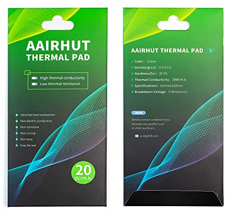 Aairhut Pad Thermique Verts 1 Pièces – Conductivité extrême 20W/MK, 100 x 50 x 2 mm Hautes Performances Silicone Thermal Pad Non Conducteur Particulièrement Souple pour PC PS4 GPU M.2 SSD
