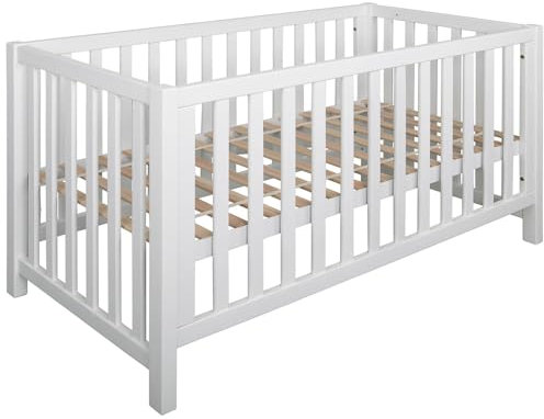Staboos Baby Bett - Lina - Massivholz Kinderbett 70x140cm - 100% Buchenholz Babybett weiß - Gitterbett inkl. Lattenrost