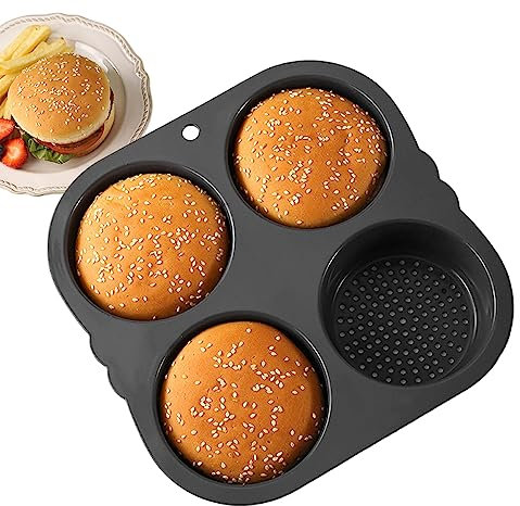 Hamburger Bun Moule Round Plateau de four Silicone Burger Bun Baking Tray avec 4 cavités Pain non cuites en boîte à pâtisserie avec porosité dense pour l'outil de cuisson Kichen