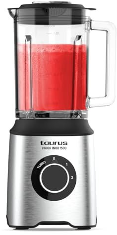 Taurus - Batidora de Vaso Potente 1500W | 2 Velocidades TURBO | Jarra Cristal 2L | Cuchillas 6 Filos | Acero Inoxidable | Base Antideslizante | BPA Free
