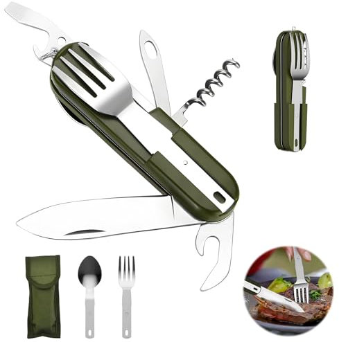 Fredral Vaisselle Pliante en Acier Inoxydable 7 en 1, Couvert Camping Multifonction, Pliable Assembler Couteau Fourchette, Vaisselle de Camping en Acier Inoxydable pour Camping en Plein Air-Amovible