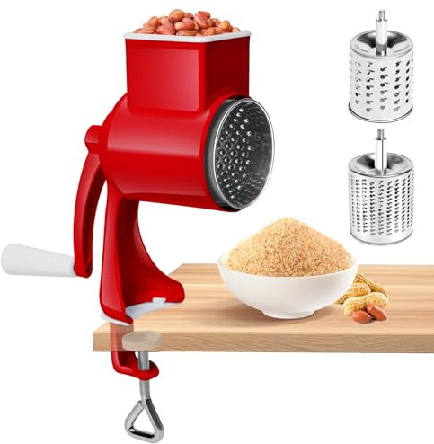 AROMUJOY Manuelle Nussmühle mit 2 Abnehmbaren Trommelblättern, Käsereibe mit Kurbel, Erdnussmühle, Mandelmühle, Gemüsehobel Edelstahl für Nüsse, Mais, Käse, Karotten, Rot