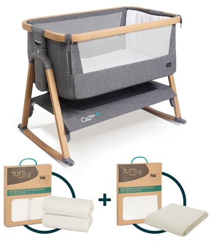 Tutti Bambini CoZee® Air Crib Bundle - Bedside Crib with 2 Crib Sheets, Mattress Protector, and Mattress Included - Oak & Charcoal crib, Grey/Cloud crib sheets, Waterproof Mattress Protector