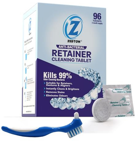 Retainer Cleaner Tablets - 96 Tablets + Retainer Cleaning Denture Brush for Fresh, Brite, and Stain-Free Retainer, Mouth Guard, Denture and Aligner - Retainer Cleaning Kit (96 count)